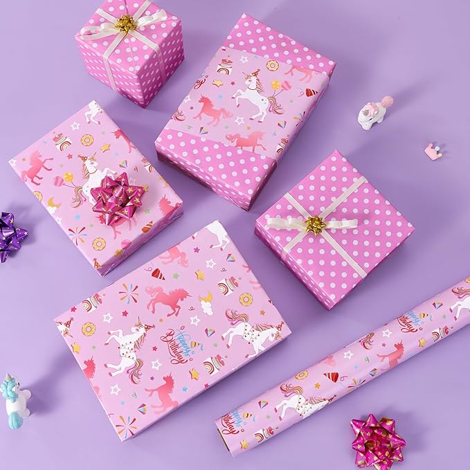 WERNNSAI 17”x 66 ft Unicorn Gift Wrapping Paper Jumbo Roll - 1 Roll Happy Birthday Gift Packing Paper Reversible Purple Unicorn Wrapping Paper for Girls Kids Birthday Party Gift Wrap with Polka Dot De