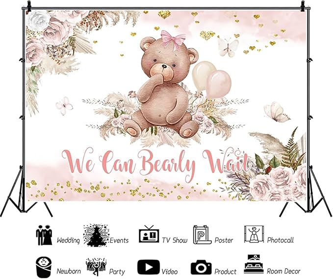 10x8ft Bear Baby Shower Backdrop Boho Pink Floral We Can Bearly Wait Photography Background It’s a Girl Baby Shower Party Banner Decorations Supplies Photo Booth Props