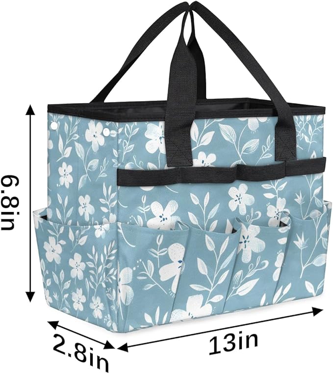 Garden Tool Bag Organizer Garden Tote Bag with Pockets Pattern Small Flowers Tool Storage Organizer Gardening Tool Kit Holder 13" x 6.8" x 2.8"