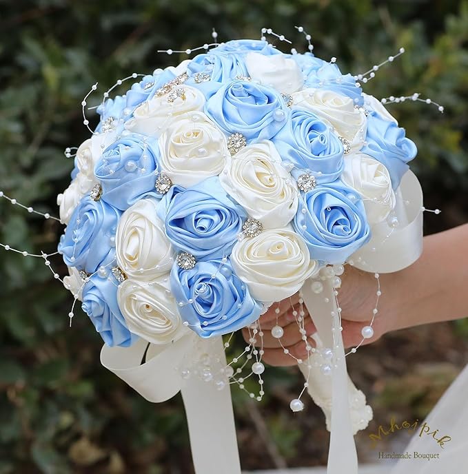 Bridal Wedding Bouquet Round Bling Brooch Bouquet Throw Toss Artificial Rose Flower Bunch for Bride Bridesmaid Wedding Quinceanera(Light Blue & Ivory, 9.8")