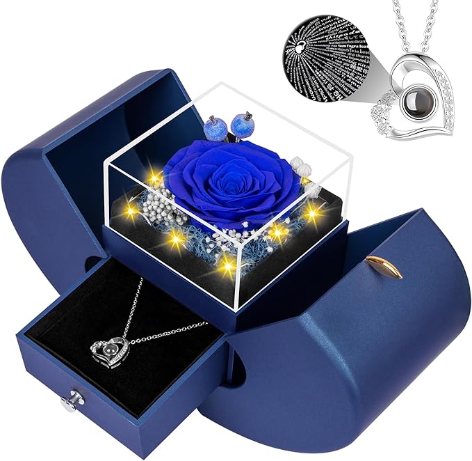 Preserved Blue Real Rose with I Love You Necklace, Eternal Flowers Rose Birthday Gifts for Women Her Mom Wife Girlfriend Grandma Christmas on Valentines Mothers Day Anniversary Romantic-Blue