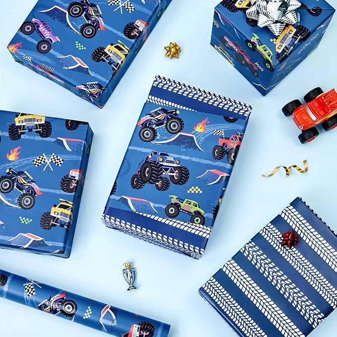 WERNNSAI Monster Truck Wrapping Paper - 1 Roll 17”x 16.4 ft Reversible Monster Jam Truck Wrapping Paper for Kids Boys Birthday Blue Truck Gift Packing for Racing Theme Birthday Carnival Celebration Party Supplies