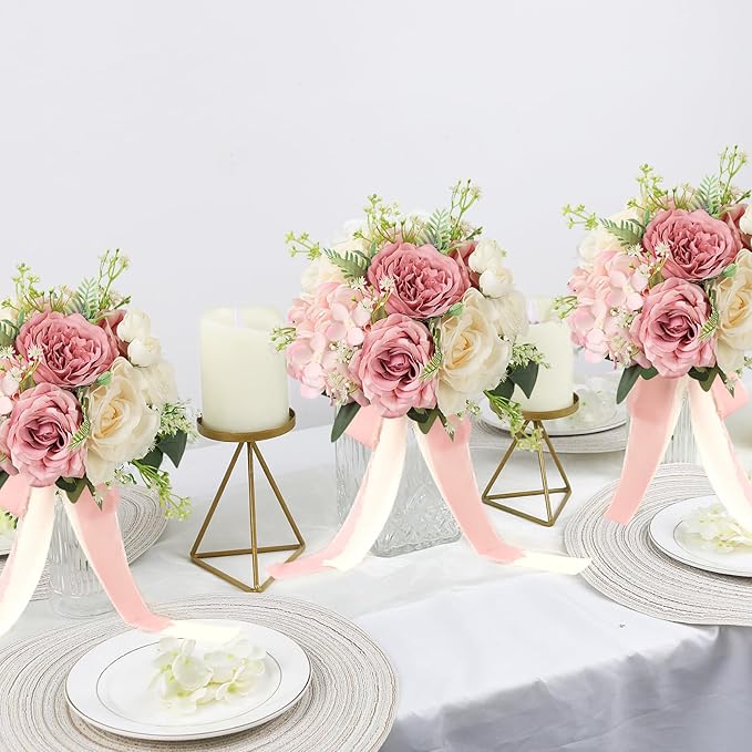 Set of 4 Bridesmaid Bouquets for Wedding, 9 Inch Boho Bridesmaid Flowers for Ceremony Anniversary Centerpieces Decorations, Artificial Rose Bouquets - Pink & White