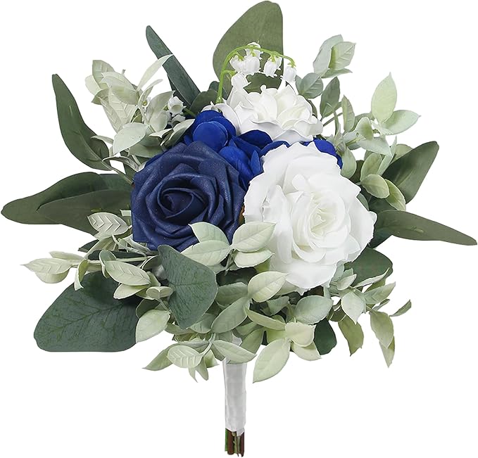 Rinlong Navy Blue Bridesmaids Bridal Bouquet Artificial Wedding Bouquets for Bride Bridesmaid Silk Bouquet for Wedding Prom Homecoming 7.5 Inches