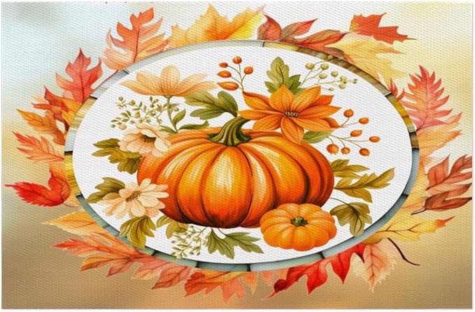 Fall Autumn Flower Pumpkin Placemats Set of 1 PVC Vinyl Non Slip Table Mats Heat Resistant Place Mats Washable Wipeable Dining Table Mat for Kitchen Decor Party Indoor Outdoor Decorative Gift