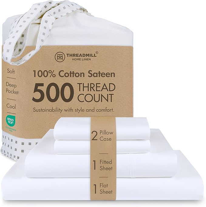 Threadmill - White Full Sheets Set, Soft 100% Cotton Cooling Sheets Deep Pockets Snug Fit Elastic, 500 Thread Count, 4-Pc, Beats Egyptian Cotton Claims (Solid - Pure White)