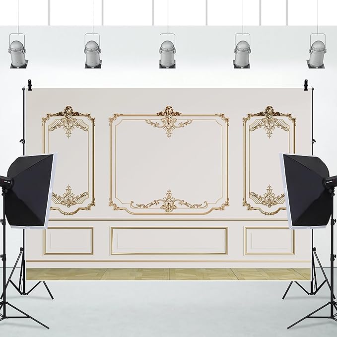AOFOTO Vintage Room Inside Backdrop Modern French Classic Frame White Walls Gold Embossed Floral Photo Background Wedding Bridal Shower Reception Drama Portrait Photoshoot Backdrop Props 7x5ft