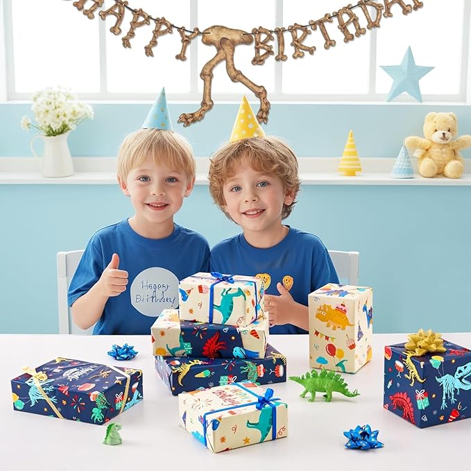 WERNNSAI Dinosaur Reversible Wrapping Paper Roll - 1 Roll 17”x 9.84 ft Happy Birthday Dinosaur Wrapping Paper for Boys Birthday Gift Packing Supply Baby Dino Decor Favor