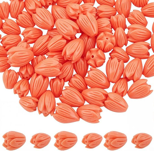 1 Box 100Pcs Carved Flower Beads Coral Jewelry Beads Jasmine Floral 3D Small Light Salmon Dyed Synthetic Coral Loose Smooth Spacers for Jewelry Making Necklace Bracelet DIY Craft Accessories
