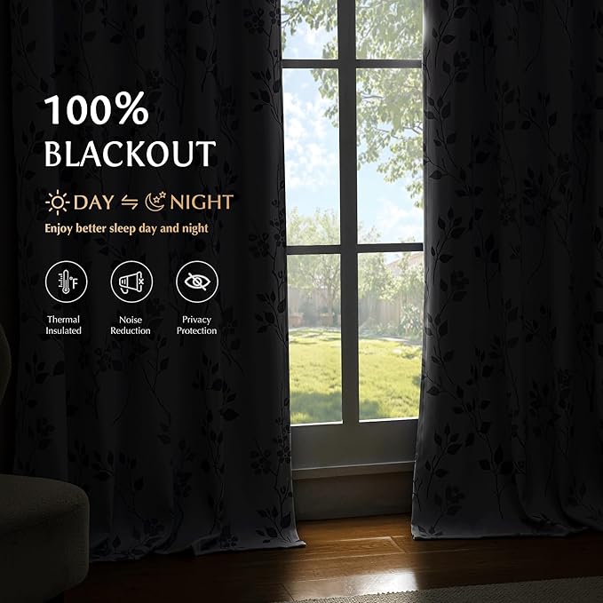 Beauoop Floral 100% Blackout Curtains 84 Inches Long 2 Panels for Bedroom Living Room Grey White Flower Patterned Room Darkening Thermal Insulated Soundproof Grommet Window Treatments Drapes, 52X84