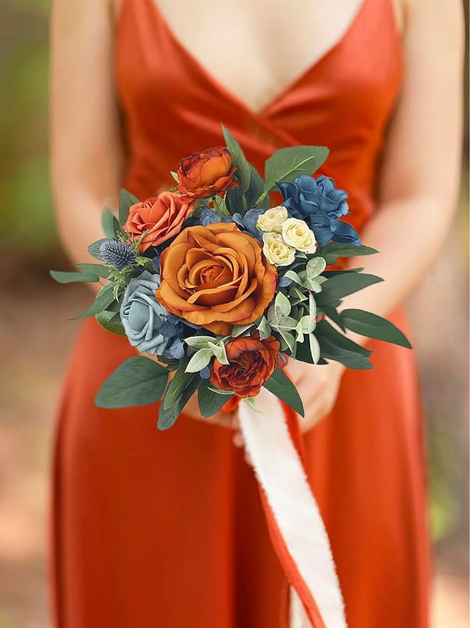 Rinlong 1Pc Fall Wedding Bouquets for Bridesmaids Bride Terracotta Navy Blue Artificial Bridesmaid Bridal Bouquet for Wedding Prom Burnt Orange Navy Blue