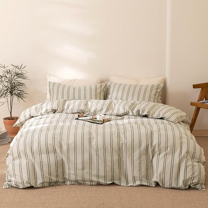 VM VOUGEMARKET Queen Comforter Set Green Striped Bedding Comforter with 2 Pillowcases Modern Farmhouse Style Lightweight Comforter Set for Boys Men