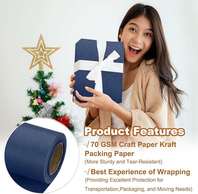 PATIKIL Wrapping Paper, 15" x 300"(25') 70 GSM Craft Paper Roll Kraft Packing Paper for Poster Bulletin Board, Gift Wrapping, Navy Blue
