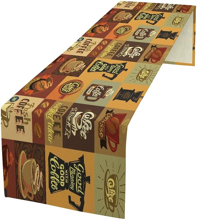 Coffee Table Runner,Vintage Style Coffee Beans Cups Theme Design Pattern Print Tablecloth Burlap for Hotel Indoors Outdoor Dining Room Kitchen Holiday Party, 13x90in