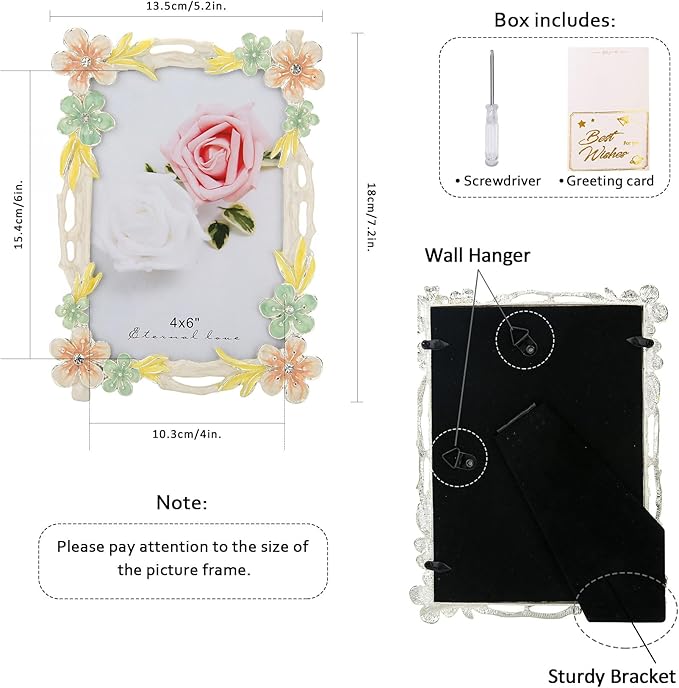 4x6 Picture Frame Enamel Floral Design Metal Photo Frame with HD Glass, Tabletop or Wall Home Art Decoration, Creative Gifts Ideas for Flower Lovers, Horizontall & Verticall