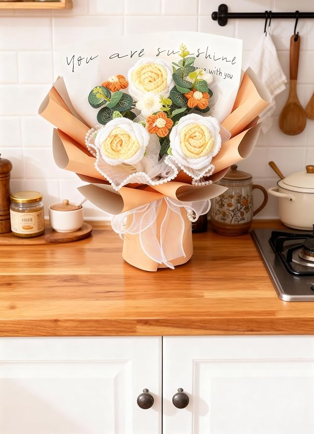 Crochet Flower Bouquet Handmade Knitted Sunflower Tulip Rose Daisy