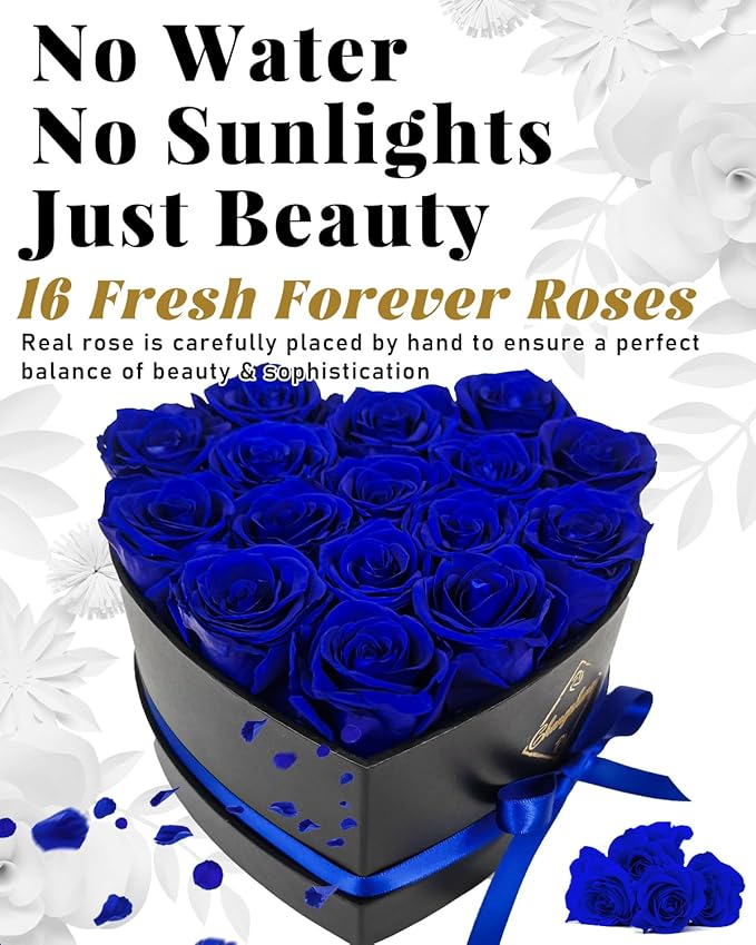 16 Flowers Forever Preserved Roses in Box, Forever Flowers Womens Birthday Gifts for Women Mothers Blue Rose Gift for Her Romantic Eternal Real Rose for Women Mom Wife