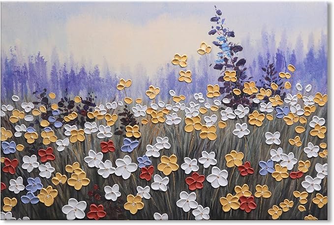 JUHOME Vintage Hand-Painted Texture Wildflower Canvas Wall Art, Rustic Nature Abstract Oil Painting,24x36 In Handmade Artwork for Living Room, Office, Bedroom