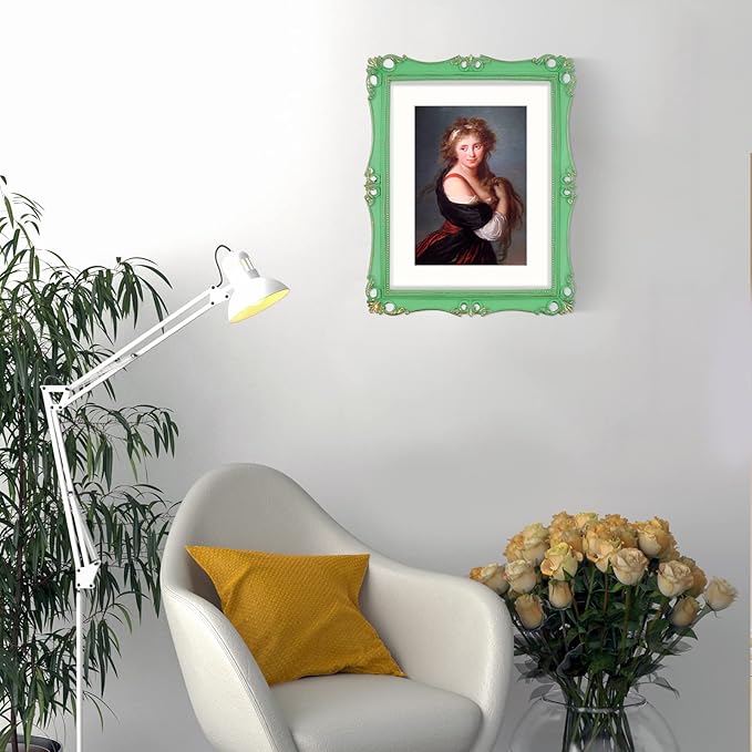 SIMON'S SHOP 11x14 Picture Frame in Light Green with Gold Accents, Vintage Picture Frames 11x14 with Mat for 8x10 Image, Gallery Wall and Tabletop Display Poster Frame