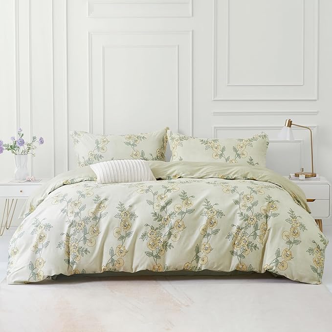 SAPHREAS Green Leaf Cotton Duvet Cover Set Queen Size 3pcs Tropical Botanical Yellow Flower Bedding Comforter Cover Set 1 Duvet Cover 2 Pillow Shams, Comforter Not Included