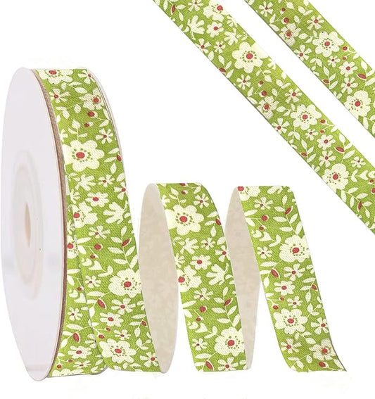 Green Floral Ribbon 5/8" x 10Yards Vintage Flower Ribbon for Bow Wreath Craft Gift Wrap, Floral Flowers Printed Cotton Ribbons for DIY Handmade Hair Bow Festival Wedding Home Party Decor