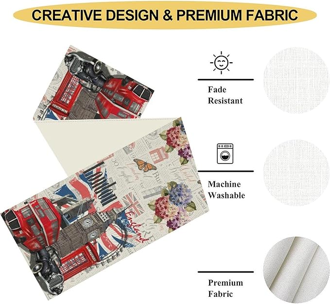 British Table Runner, Seasonal Vintage Floral England London Culture Element Coffee Table Center Decor for Home Kitchen Dining Patio Holiday Party Table Decorations 13x36 inches