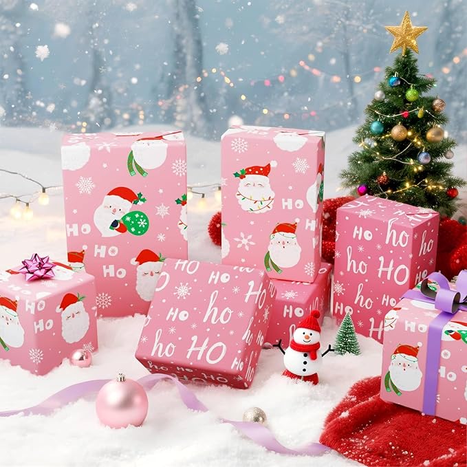 WERNNSAI Santa Christmas Wrapping Paper - 1 Roll 17”x 33 Ft Pink Santa Claus Wrapping Paper Reversible Christmas Gift Wrap for Kids Girls Xmas Winter Holiday Present Decoration with HOHO Design