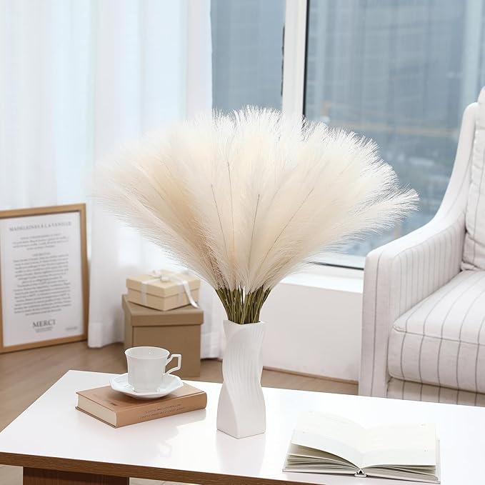 Faux Beige Pampas Grass - 60pcs 24 Inch Boho Home Decor, Artificial pompas Floral, Small Fake Pompous Grass for Table Centerpieces, Wedding and Baby Shower Decorations (Beige, 60 Pieces)