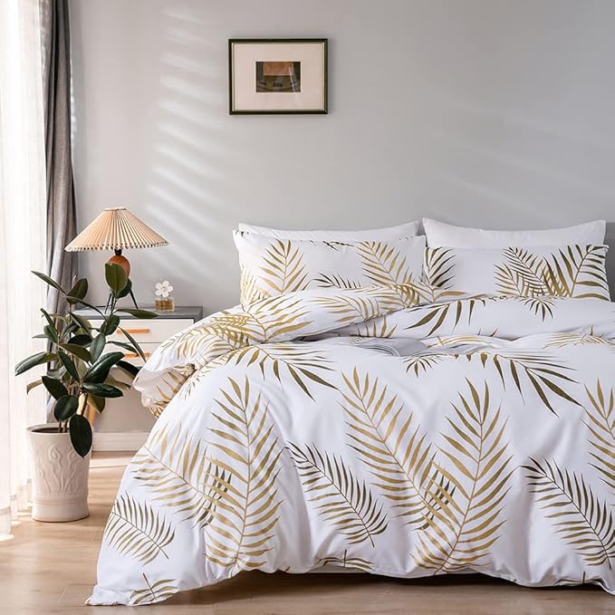Nayoroom Gold Leaf Duvet Cover Queen Size Tropical Botanical Leaves Printed on White Bedding Set Soft Lightweight Microfiber Garden Farmhouse Comforter Covers with Zipper Closure Corner Ties