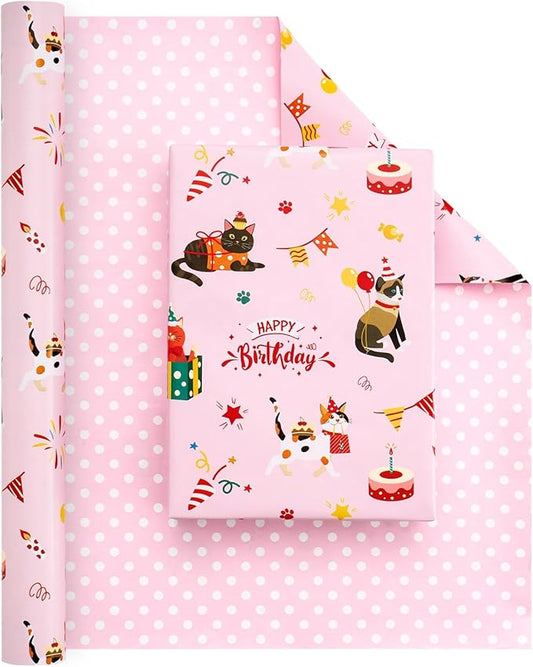 WERNNSAI Cat Wrapping Paper Roll - 1 Roll 17”x 33 ft Happy Birthday Wrapping Paper Pink Cat Birthday Gift Wrap for Kids Girls Adults Kitten Party Baby Shower Decoration Reversible Polka Dot Design