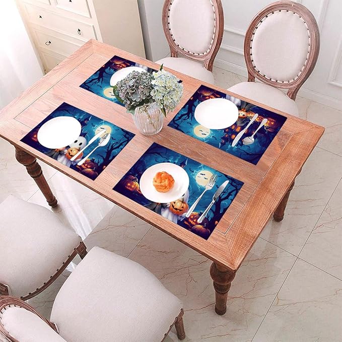 PVC Placemats Set of 6 Wipeable Table Mats Washable Heat Resistant Non Slip Vinyl Dining Table Mat for Kitchen Indoor Outdoor Patio Farmhouse Place Mats Halloween Castle Pumpkin Ghosts Decorative