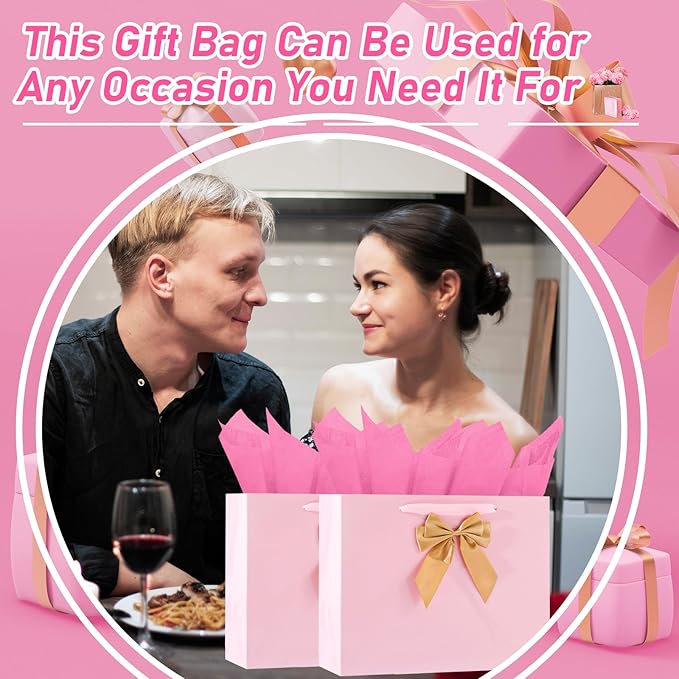 Bloomwords 13" Pink Gift Bag Set - 1 Large Paper Bag with Bow, Greeting Card & 2 Tissues, Sturdy Handles for Birthdays, Mother's Day & Special Occasions