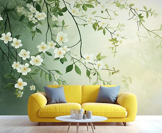 Spring Blossom Floral Wall Mural, Minimalist White Floral 3D Wall Murals, Elegant Botanical Wallpaper Mural, for Living Room Bedroom Large Wallpaper Indoor Decor 177.16" W x120 H