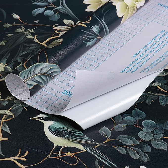 Dark Floral Peel and Stick Wallpaper Vintage Floral Contact Paper 16.9inchx196.8inch Flowers Bird Wallpaper Peel and Stick Boho Leaf Self Adhesive Removable for Bathroom Wall Paper Decor