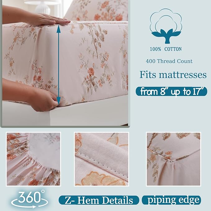 Zusbest Full Size Floral Bed Sheets 100% Percale Cotton Orange Brushed for Extra Softness, Breathable Luxury Flannel Sheets Like Shabby Vintage Flower Print Deep Pocket Fitted Sheet 17.5'' 4 Pcs