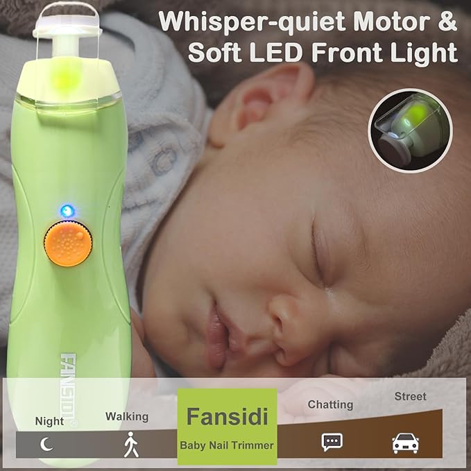 Fansidi Baby Nail Trimmer Electric Rechargeable, Gentle Baby Nail File Electric| 13 Grinding Heads| Stepless Speed| LED Light| Dust Shield| Baby Nail Clippers for Newborn Infant Toddler, Green