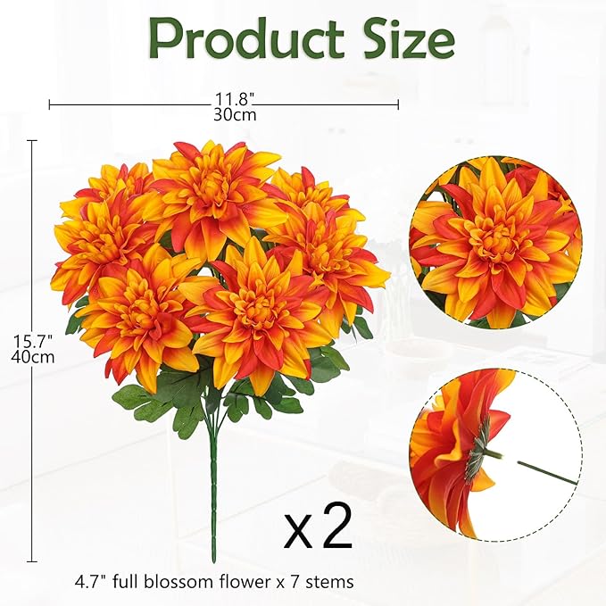 Hollyone 2Pcs Orange Artificial Dahlia Flowers Bush 7 Heads Silk Fake Dahlias Flowers with Stems Wedding Bouquets Faux Dahlia Flowers Arrangements for Outdoor Indoor DIY Table Centerpieces Home Decor