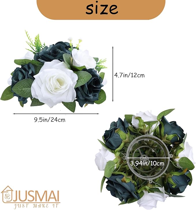 Artificial Flowers Ball 4 Pcs - Emerald Green White Wedding Table Centerpiece Decorations for Flower Arrangements