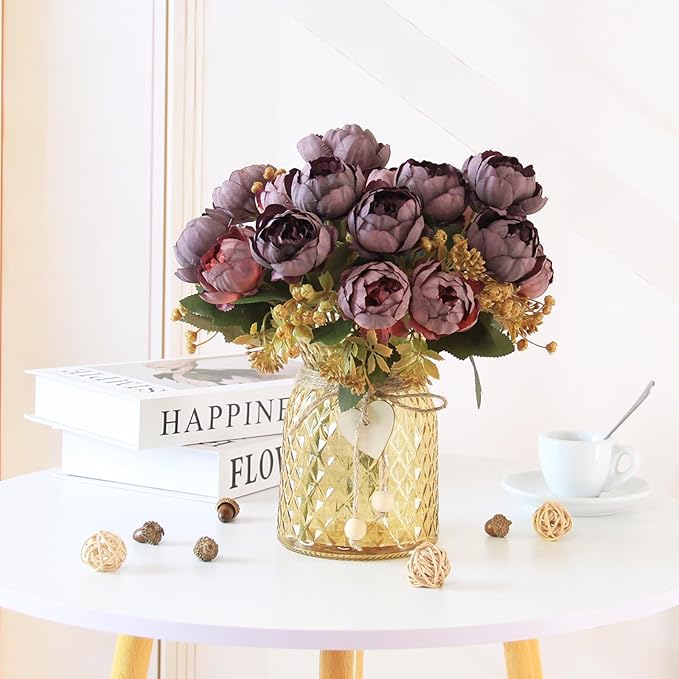 Fake Flowers in Vase,Fake Flowers with Vase 21 Pcs Faux Peony Flowers,Artificial Flowers for Home Decor, Indoor Centerpiece for Living Room & Dining Table (Purple Red)