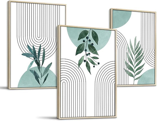 SERIMINO Sage Green Wall Art Framed, Botanical Boho Wall Decor for Living Room, Set of 3 Plant Painting Prints Farmhouse Decor for Bedroom, Bathroom, Office, 12 x16 inch