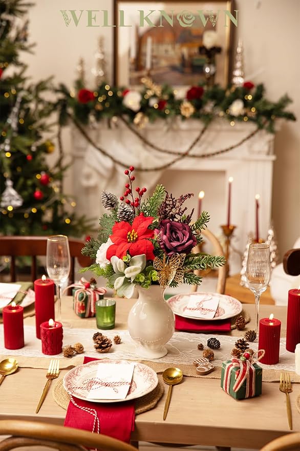 11 Pcs Artificial Christmas Flowers Bouquet Pine Branches 14" Red Poinsettias FLowers Faux Greenery Spary Stems Red Berry Pine Cones Fake Cedar Picks for DIY Crafts Tabletop Winter Home Party Decor