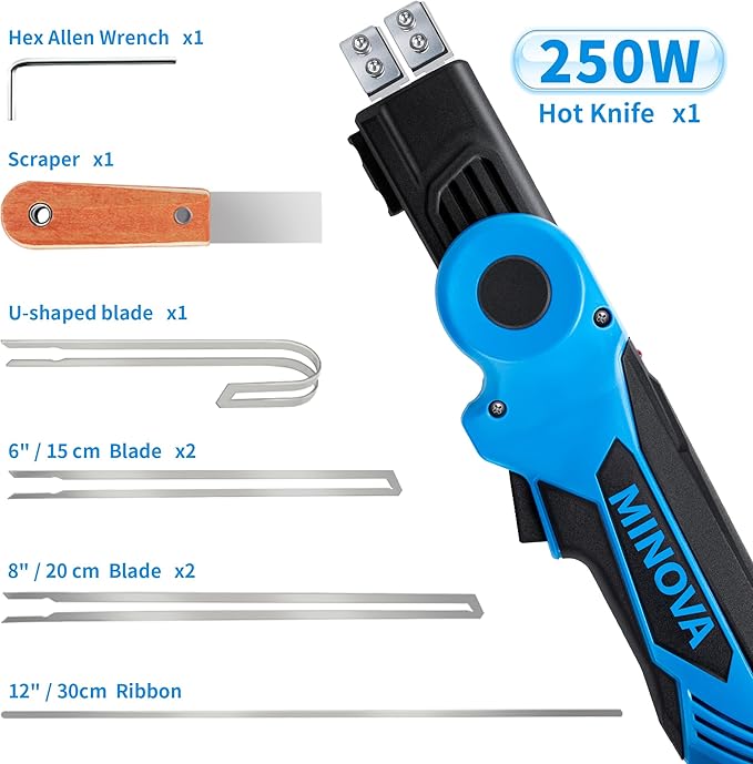 250W AC Rotatable Electric Hot Knife, 6 Blades Foam Cutter Cutting Tool Kit, Full-body Air Cooling System Foam Cutter with Heavy-Duty Case for EPP, EPS, XPS, EVA, EPE, PU, KT Board, Sponge