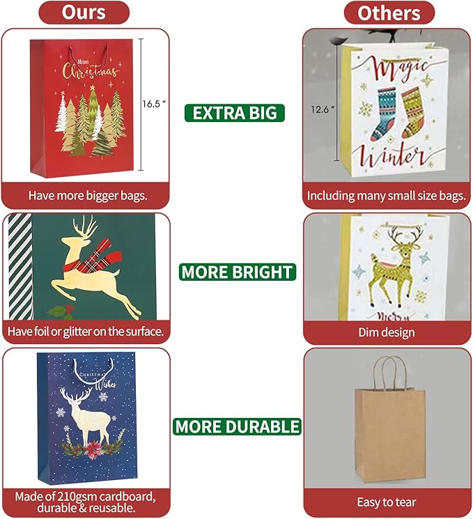 Smarimple Christmas Gift Bags 16 PCS Christmas Bags Bulk Assorted Sizes with Handles and 12 Sheet Tissue Papers 16 Holiday Designs 3 Jumbo 5 Large 6 Medium 2 Wine Bags for Xmas Holiday Present