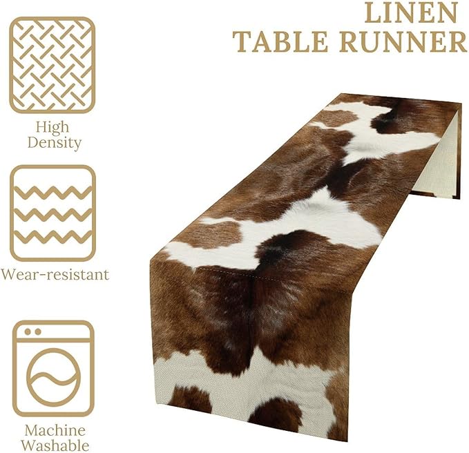 Cow Skin Print Table Runner Farmhouse Western White Brown Cowhide Rustic Cottage Country Seasonal Spring Fall Kitchen Dining Table Decoration for Home Party Dinner 13x90cm
