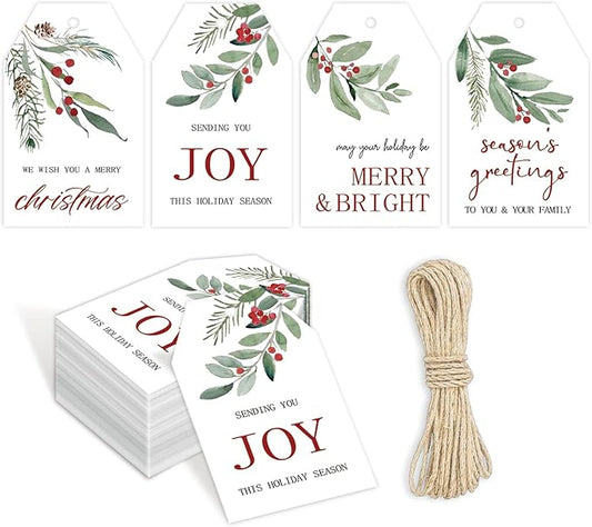 100 Pcs Merry Christmas Gift Tags Happy Holidays Paper Tag Watercolor Holly Xmas Hanging Label Tags with Hemp Rope for Xmas Season Gift Wrapping DIY Crafts, 4 Designs