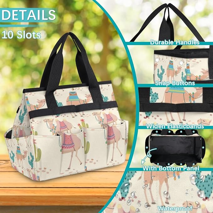 Garden Tool Tote Bag for Women Men Cartoon Camel Cactus Gardening Tool Storage Bags with 10 Pockets Standable Garden Home Tool Kits Organizer for Indoor Outdoor Gardening Gifts