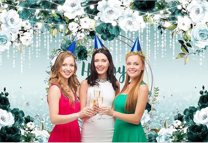 Renaiss 7x5ft Floral Happy Birthday Backdrop for Woman Green White Flowers Blooming Fabric Photography Background Shinning Diamond Photo Backdrop for Birthday Party Supply