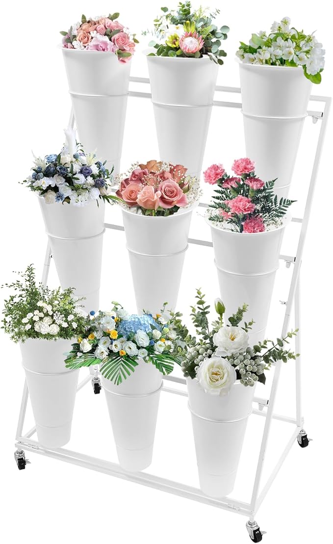 DYRABREST Flower Display Stand with Buckets, White 3 Layers Metal Plant Stand with 9 Pieces Buckets, Moving Florist Bouquet Shelf for Fresh Flower Shop, for Patio Garden, Outdoor Flower Pop-Up Events