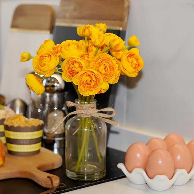Ranunculus Artificial Flowers with Vase, 8 Pcs Faux Silk Ranunculus Flower in Vase, Small Flower Arrangements for Home Decor Indoor, Table Centerpiece. (Yellow)
