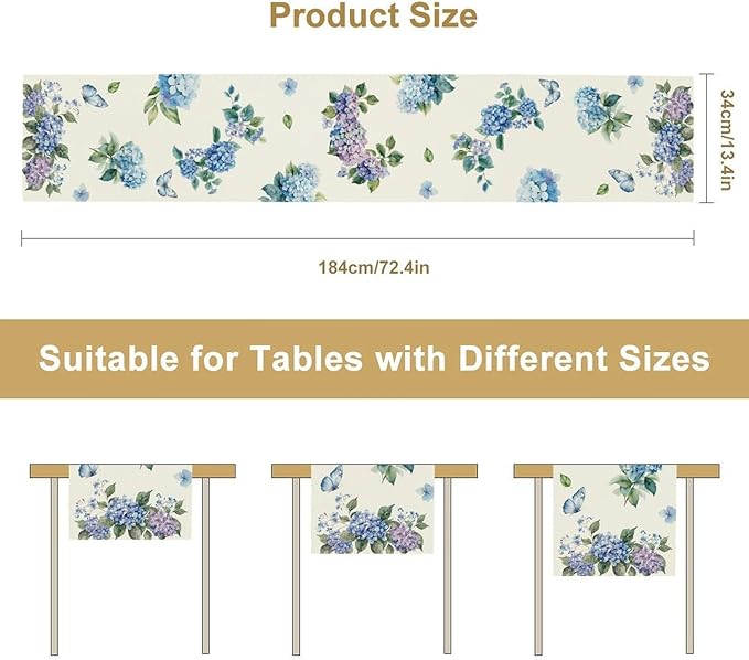 Blue Floral Table Runner, Spring Summer Watercolor Hydrangea Flower Butterfly Country Farmhouse Coffee Table Center Decor for Home Kitchen Dining Patio Holiday Party Table Decorations 13x90 inches